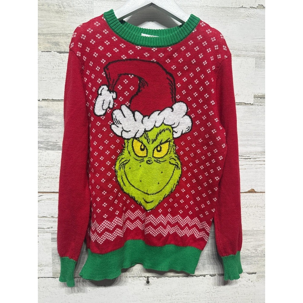 Dr. Seuss The Grinch Sweater Youth 7/8 Red Green Graphic Knit Holiday EUC